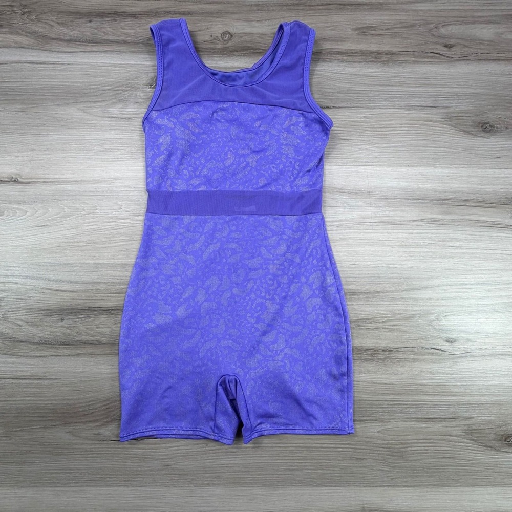 Cat & Jack Girls M 7/8 Purple Foil Animal Print Cross Back Biketard Gymnastics